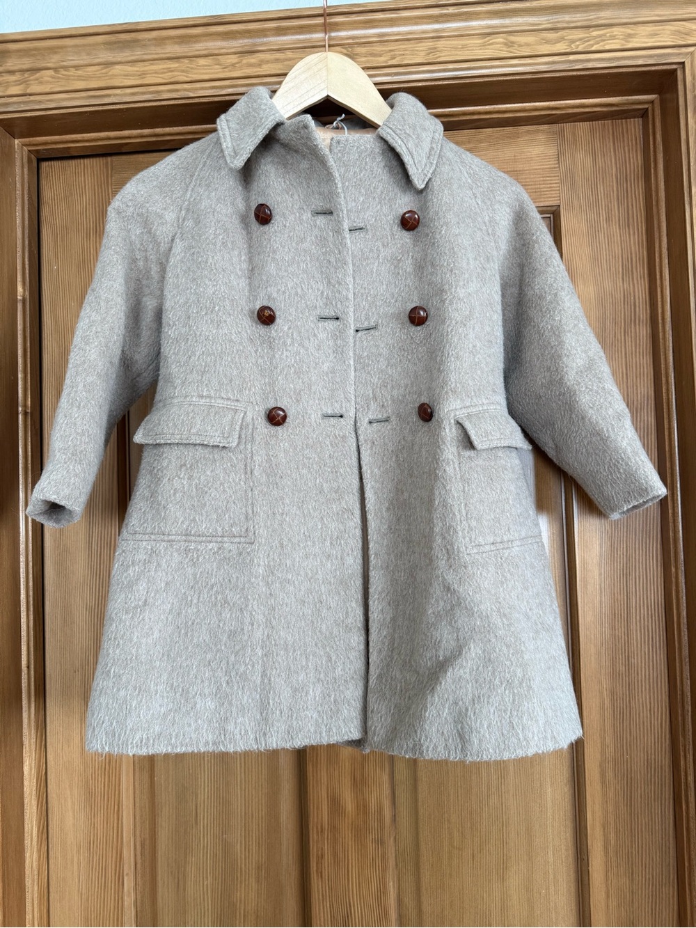 Girls Wool Blend Double-Breasted Coat in Light Gray with Wool Cap